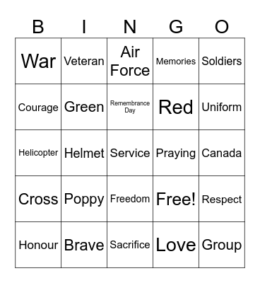 Remembrance Day Bingo Card