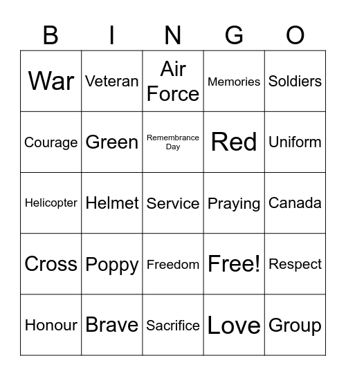 Remembrance Day Bingo Card