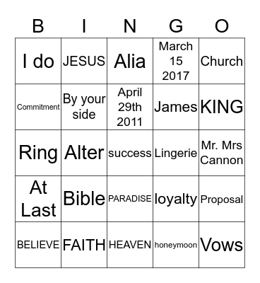 Cannons Wedding Bingo Card