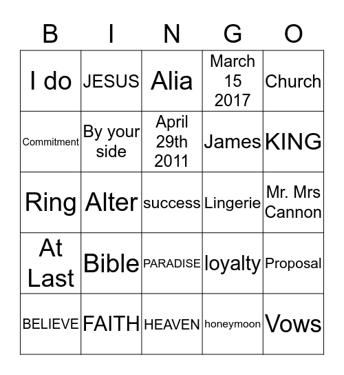 Cannons Wedding Bingo Card