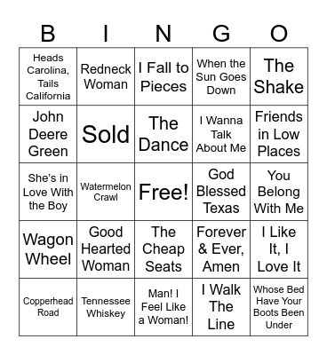 2. Country Songs (Reg) Bingo Card