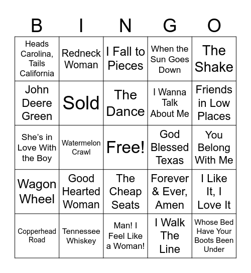 2. Country Songs (Reg) Bingo Card