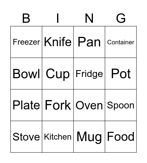 Kitchen Item Bingo Card