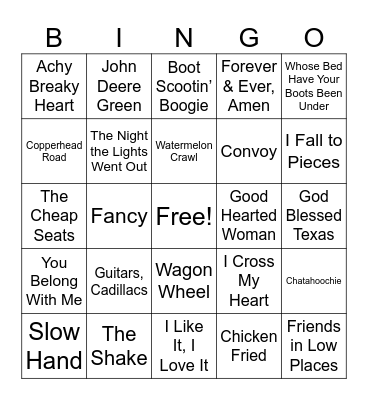 2. Country Songs (Reg) Bingo Card