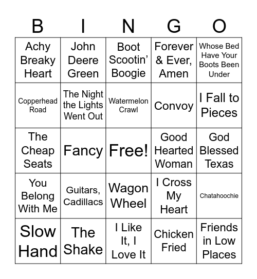 2. Country Songs (Reg) Bingo Card