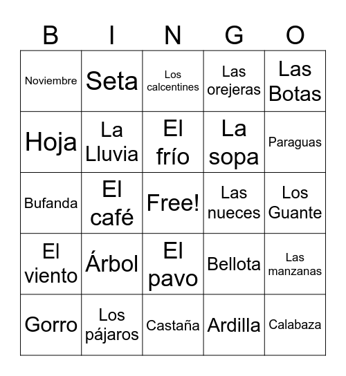 Fall Spanish Club Bingo Card