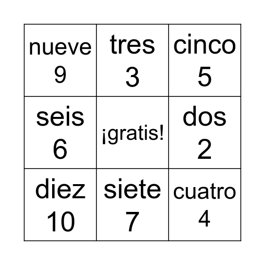 Spanish Numbers 0-10 Bingo Card