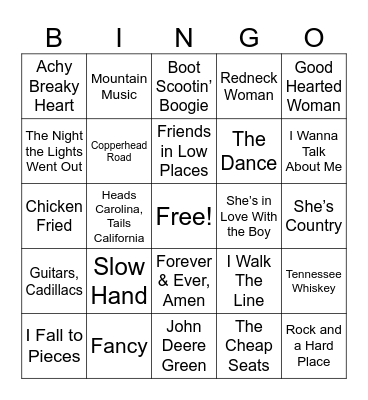 2. Country Songs (Reg) Bingo Card