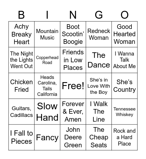 2. Country Songs (Reg) Bingo Card