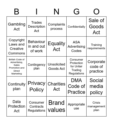 The legal, regulatory and ethical requirements Bingo Card
