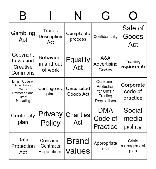 The legal, regulatory and ethical requirements Bingo Card