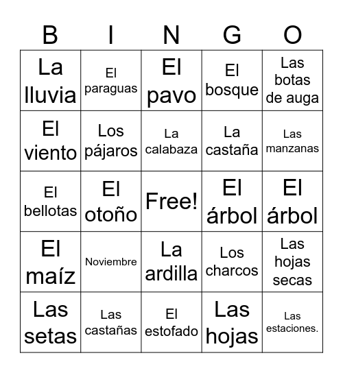 Fall Spanish Club Bingo Card