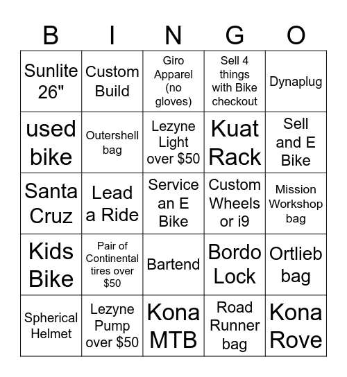 Bike Shop Bingo Bongo Bingo Card