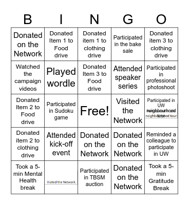 TBSM / Finance United Way Campaign 2023 Bingo Card