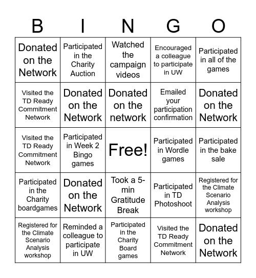 TBSM United Way Campaign 2023 Bingo Card