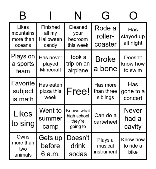 Sports Day Bingo Card