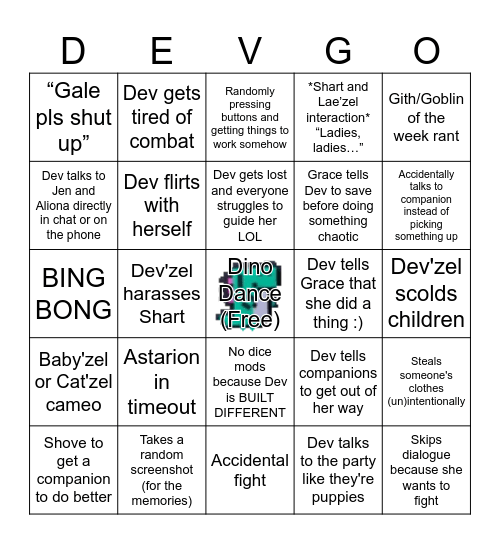 Dev Twitch Stream Bingo Card