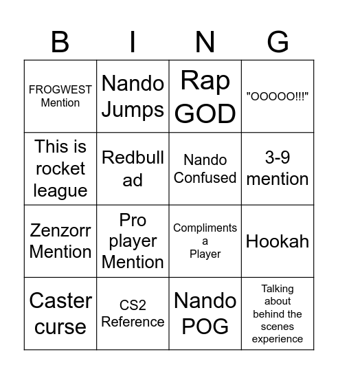 Nando's Casting Bingo Card