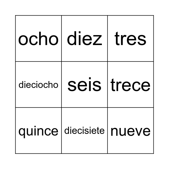 Numeros 1 - 20 Bingo Card