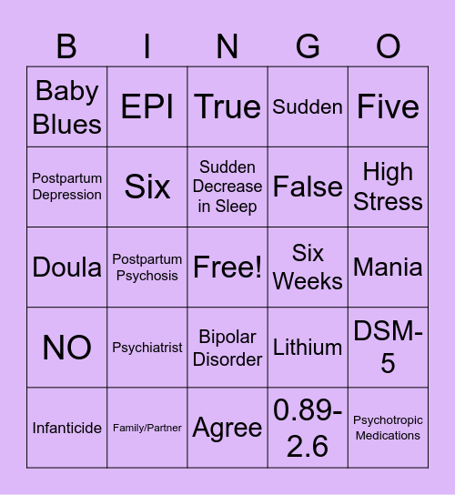 Postpartum Psychosis Bingo Card