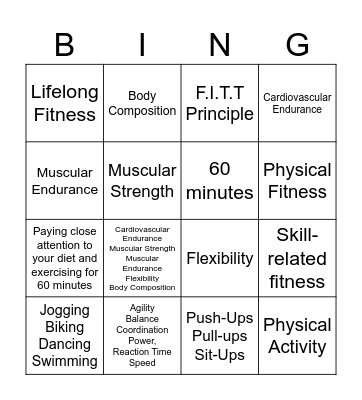 7th Grade Fitness Bingo Card