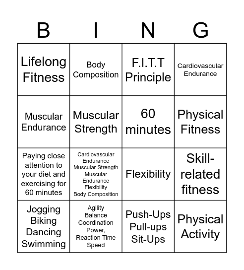 7th Grade Fitness Bingo Card