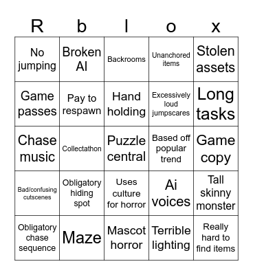 Roblox horror Bingo Card