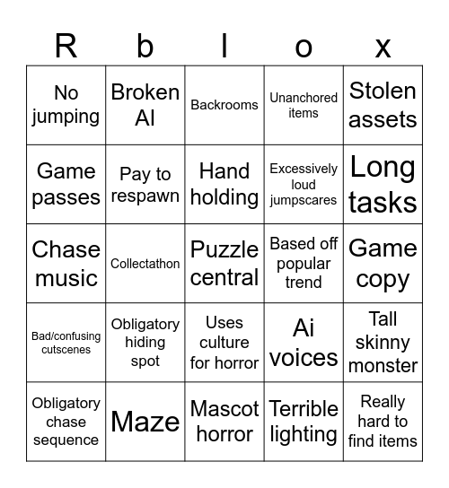 Roblox horror Bingo Card