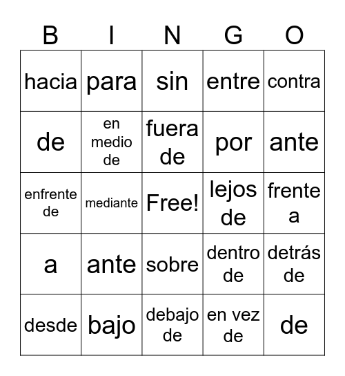 Prepositions Bingo Card