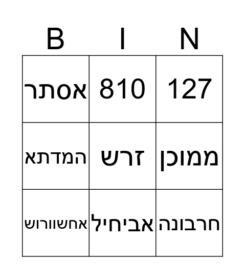 בינגו פורים Bingo Card