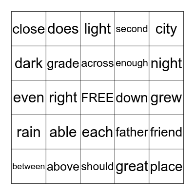 Sight Words Bingo Card