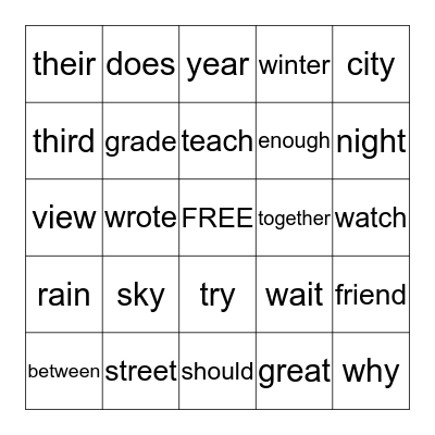 Sight Words Bingo Card