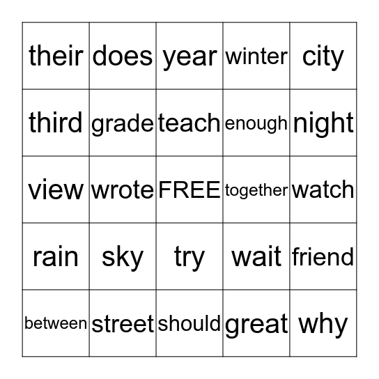 Sight Words Bingo Card