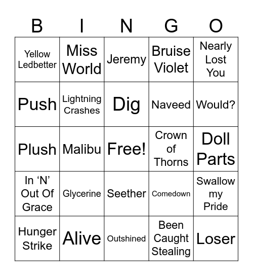 Grunge Bingo Card