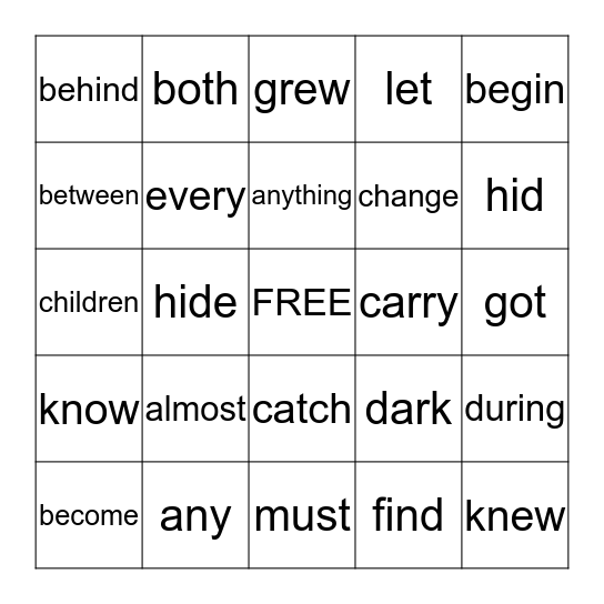 Sight Words Bingo Card