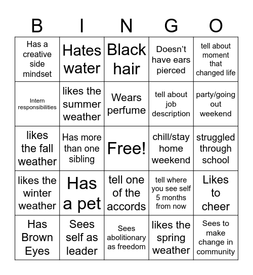 Get to know! Bingo Card