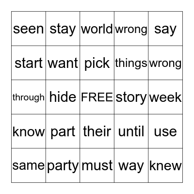 Sight Words Bingo Card