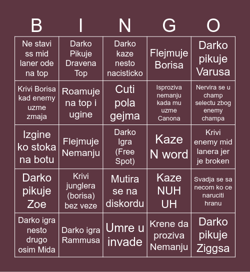 DARKO BINGO LOL Bingo Card