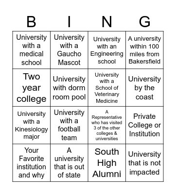 College Fair Bingo Card