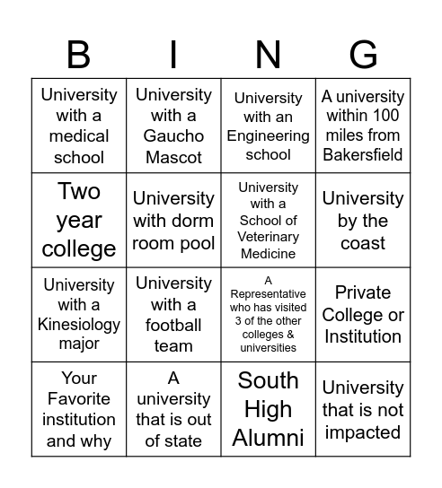 College Fair Bingo Card