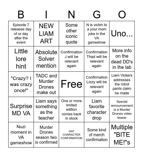 MURDER DRONES GLITCH X BINGO CARD Bingo Card