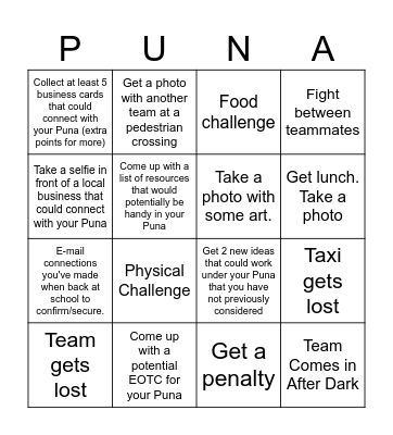 PUNA WÃNANGA - Amazing Race Bingo Card