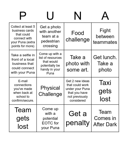 PUNA WÃNANGA - Amazing Race Bingo Card
