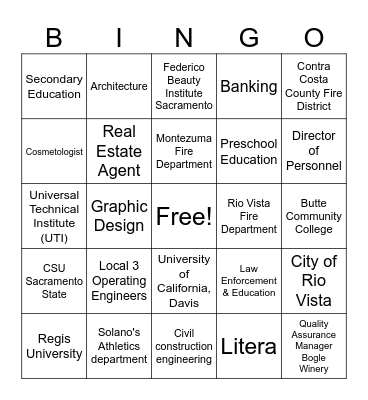 College and Career Fair Bingo Card