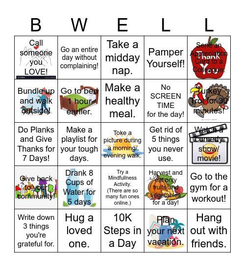 NOVEMBER 2023 Staff Wellness Challenge Bingo Card
