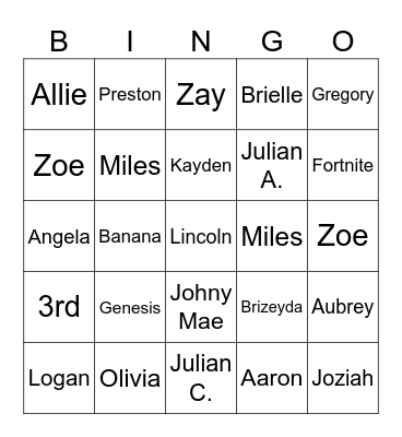 Ms. Dineli's Bingo Card