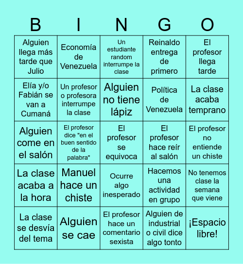 Bingo de Clases Bingo Card