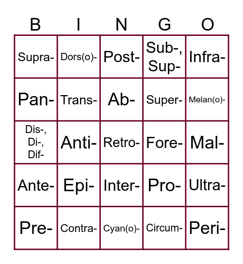 Prefixes and Combining Forms Bingo Card