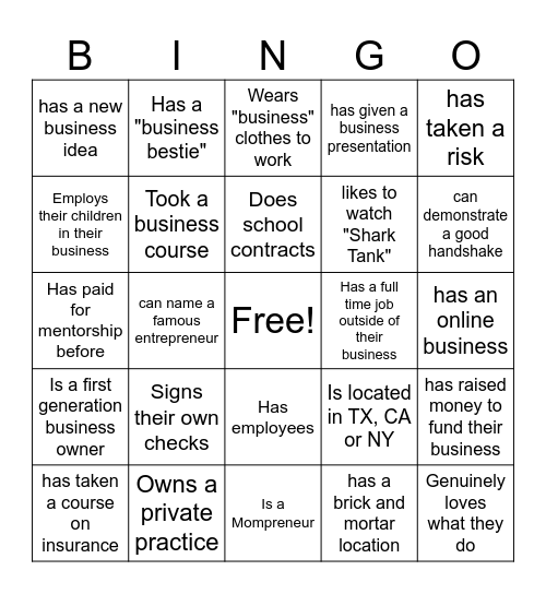 SLP Entrepreneur Bingo Card