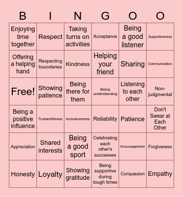 Friendship Bingo Card